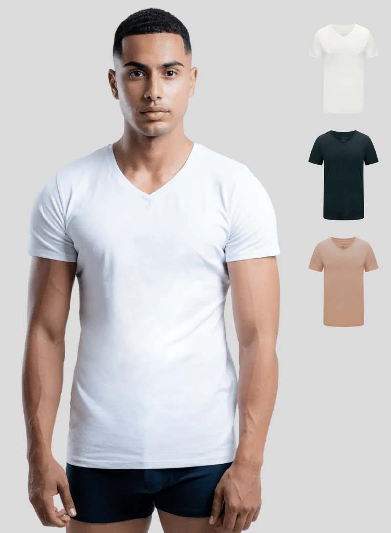 3er Pack Unterhemd Herren V-Ausschnitt aus Stretch-Baumwolle (Weiß, Schwarz, Beige)