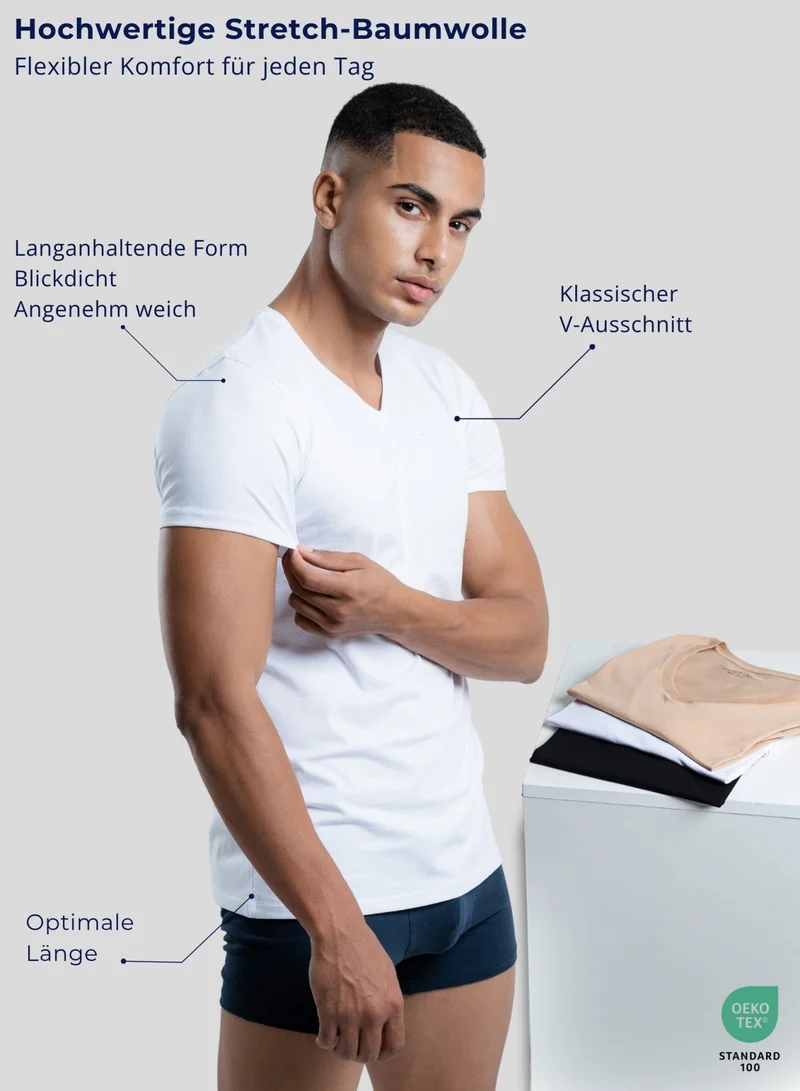 3er Pack Unterhemd Herren V-Ausschnitt aus Stretch-Baumwolle (Weiß, Schwarz, Beige)