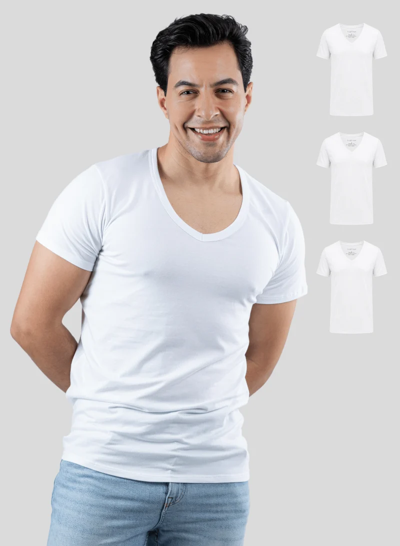 3er Pack Unterhemd Herren Tiefer V-Ausschnitt aus Stretch-Baumwolle (Weiß, Schwarz, Beige)