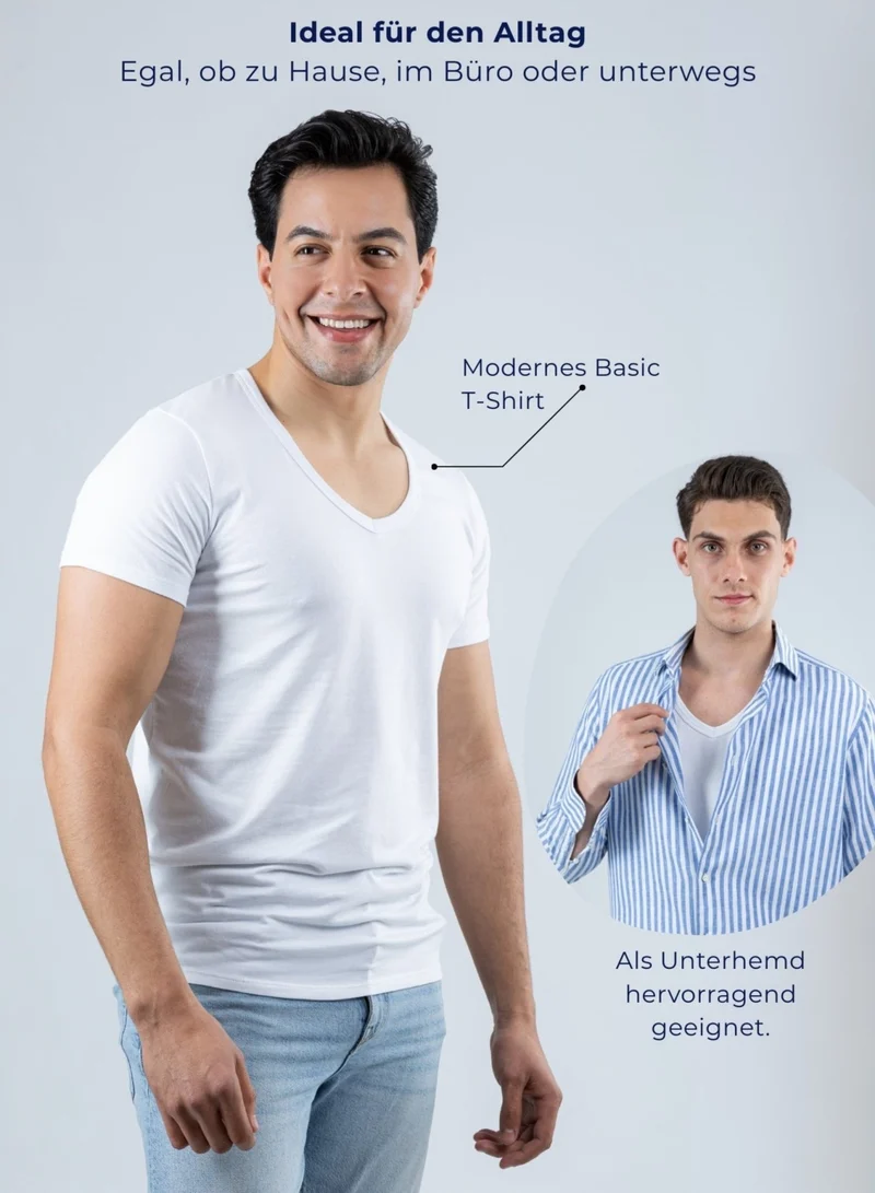 3er Pack Unterhemd Herren Tiefer V-Ausschnitt aus Stretch-Baumwolle (Weiß, Schwarz, Beige)