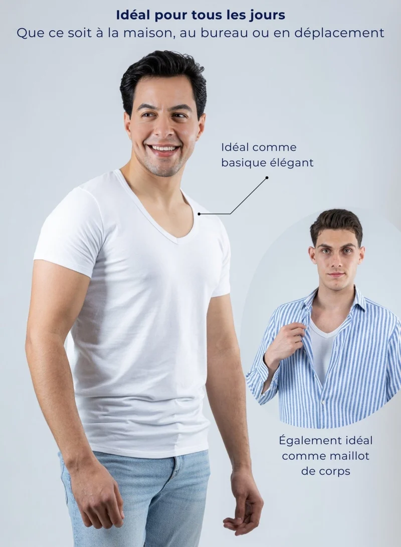 3er Pack Unterhemd Herren Tiefer V-Ausschnitt aus Stretch-Baumwolle (Weiß, Schwarz, Beige)