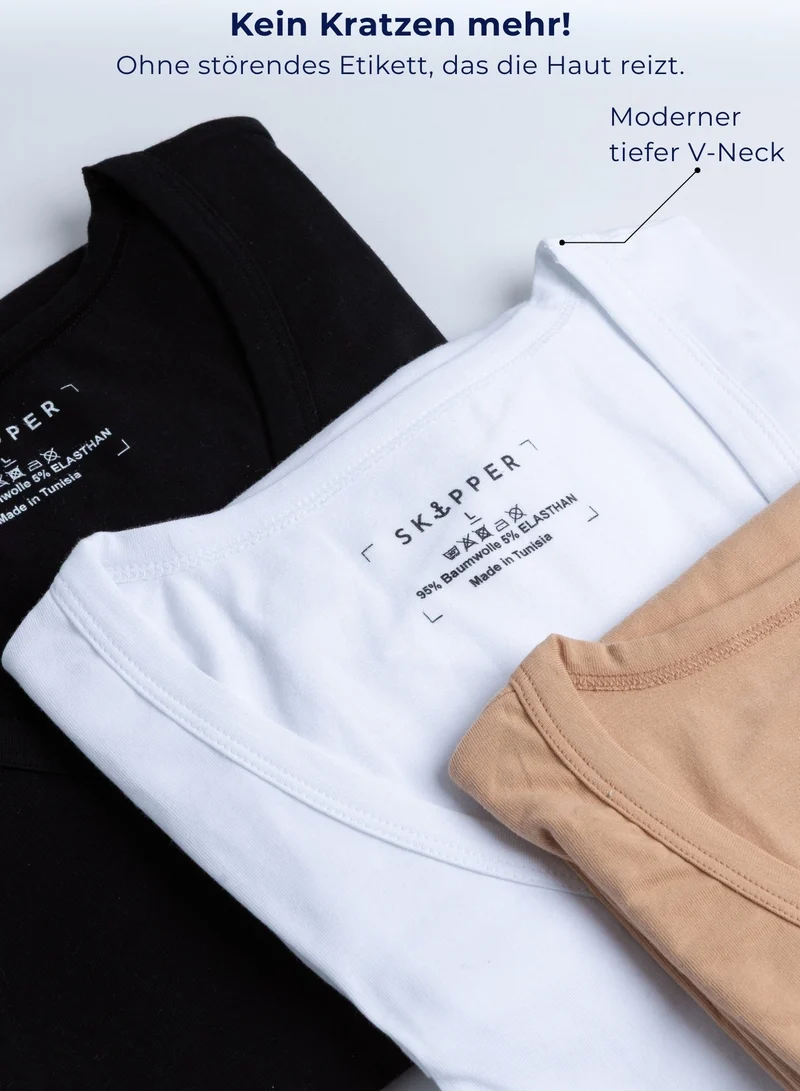 3er Pack Unterhemd Herren Tiefer V-Ausschnitt aus Stretch-Baumwolle (Weiß, Schwarz, Beige)