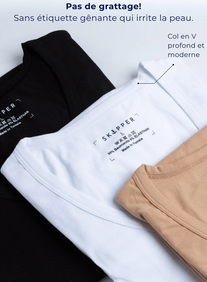 3er Pack Unterhemd Herren Tiefer V-Ausschnitt aus Stretch-Baumwolle (Weiß, Schwarz, Beige)