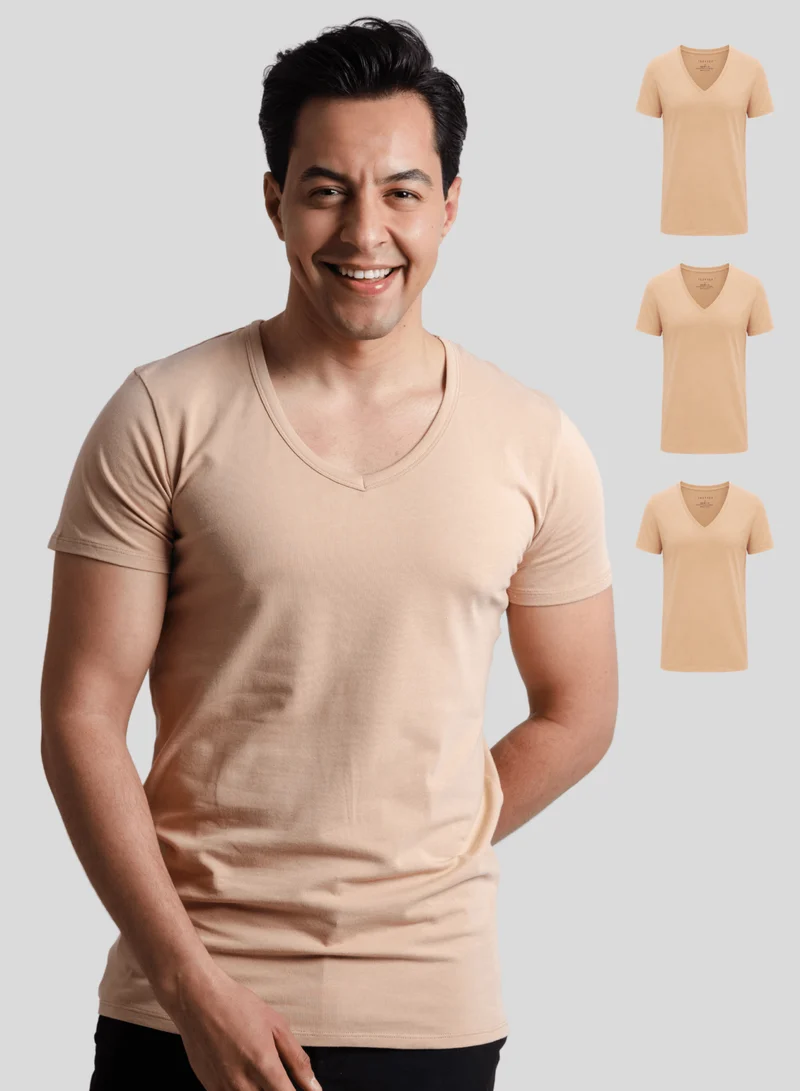 3er Pack Unterhemd Herren Tiefer V-Ausschnitt aus Stretch-Baumwolle (Weiß, Schwarz, Beige)