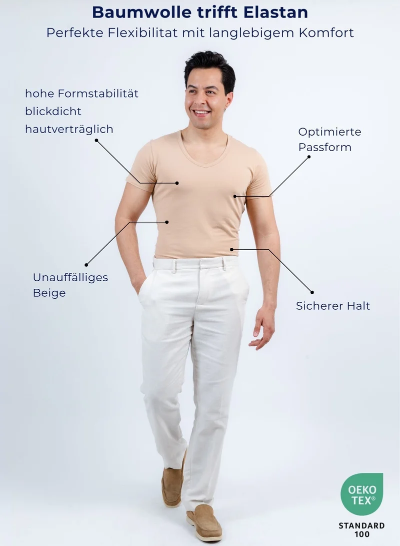 3er Pack Unterhemd Herren Tiefer V-Ausschnitt aus Stretch-Baumwolle (Weiß, Schwarz, Beige)