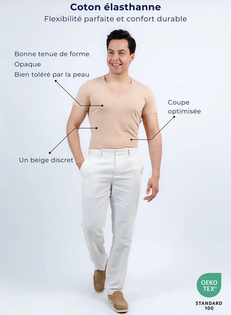 3er Pack Unterhemd Herren Tiefer V-Ausschnitt aus Stretch-Baumwolle (Weiß, Schwarz, Beige)