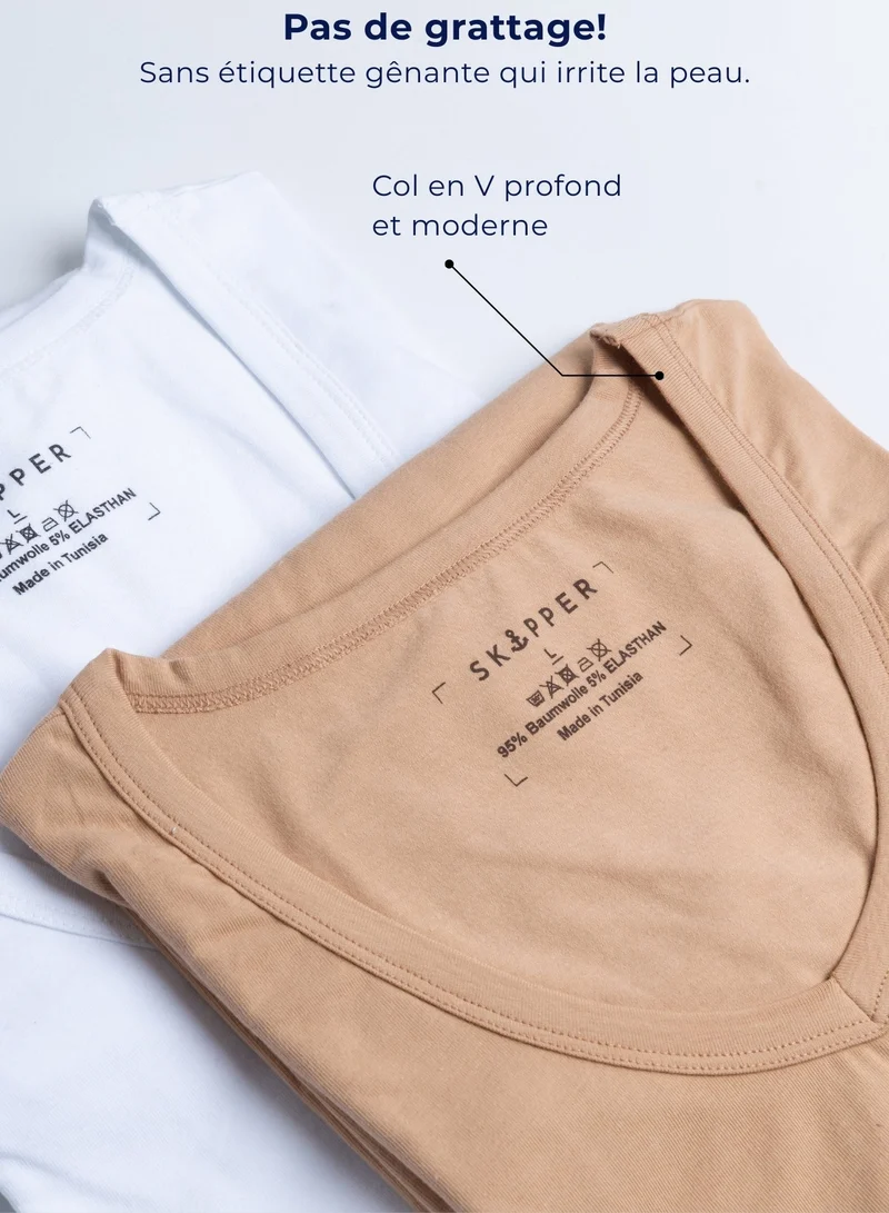 3er Pack Unterhemd Herren Tiefer V-Ausschnitt aus Stretch-Baumwolle (Weiß, Schwarz, Beige)