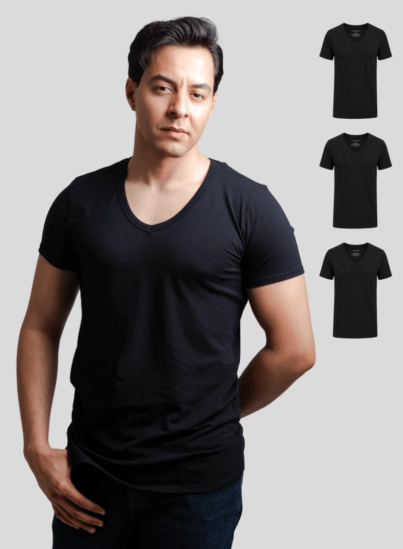 3er Pack Unterhemd Herren Tiefer V-Ausschnitt aus Stretch-Baumwolle (Weiß, Schwarz, Beige)