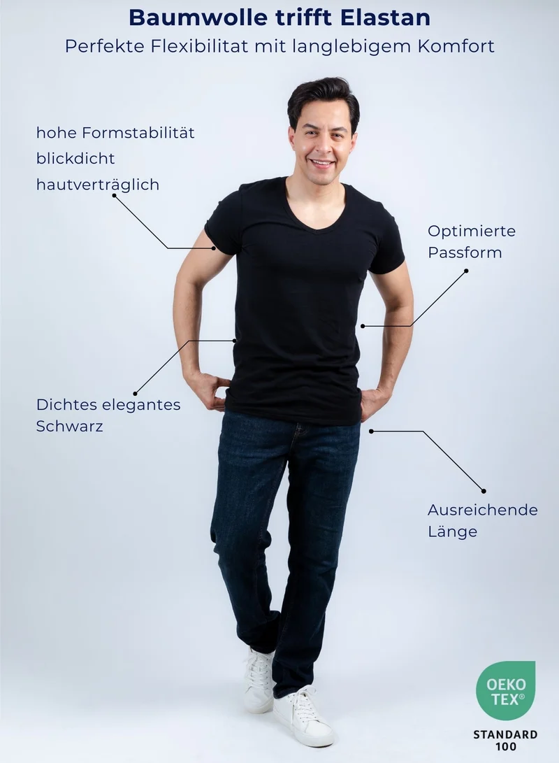 3er Pack Unterhemd Herren Tiefer V-Ausschnitt aus Stretch-Baumwolle (Weiß, Schwarz, Beige)