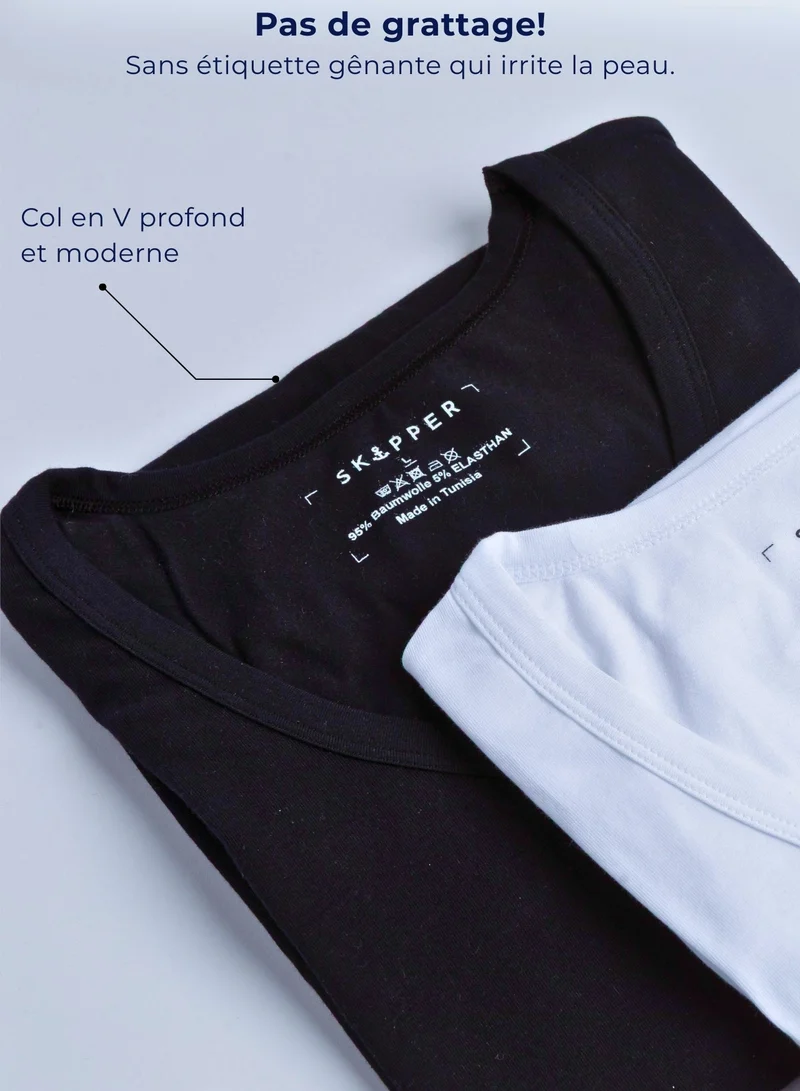 3er Pack Unterhemd Herren Tiefer V-Ausschnitt aus Stretch-Baumwolle (Weiß, Schwarz, Beige)
