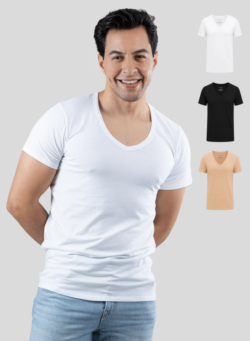 3er Pack Unterhemd Herren Tiefer V-Ausschnitt aus Stretch-Baumwolle (Weiß, Schwarz, Beige)