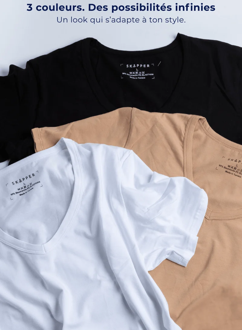 3er Pack Unterhemd Herren Tiefer V-Ausschnitt aus Stretch-Baumwolle (Weiß, Schwarz, Beige)