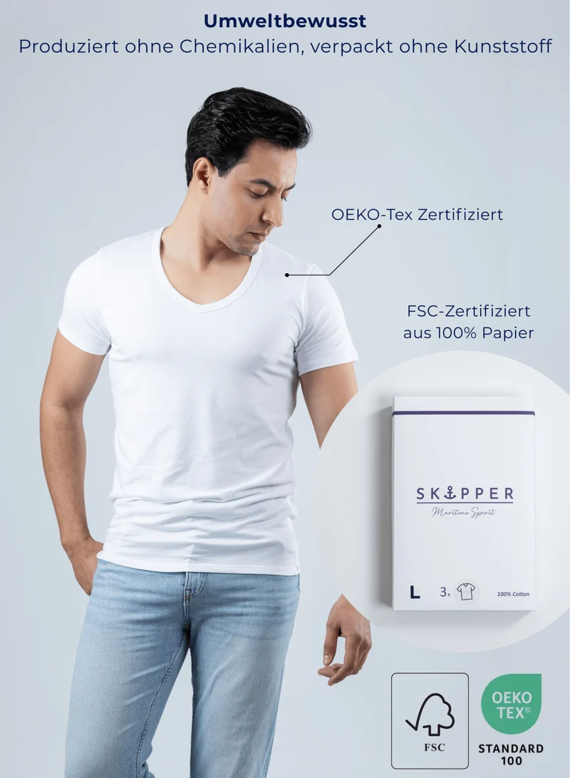 3er Pack Unterhemd Herren Tiefer V-Ausschnitt aus Stretch-Baumwolle (Weiß, Schwarz, Beige)