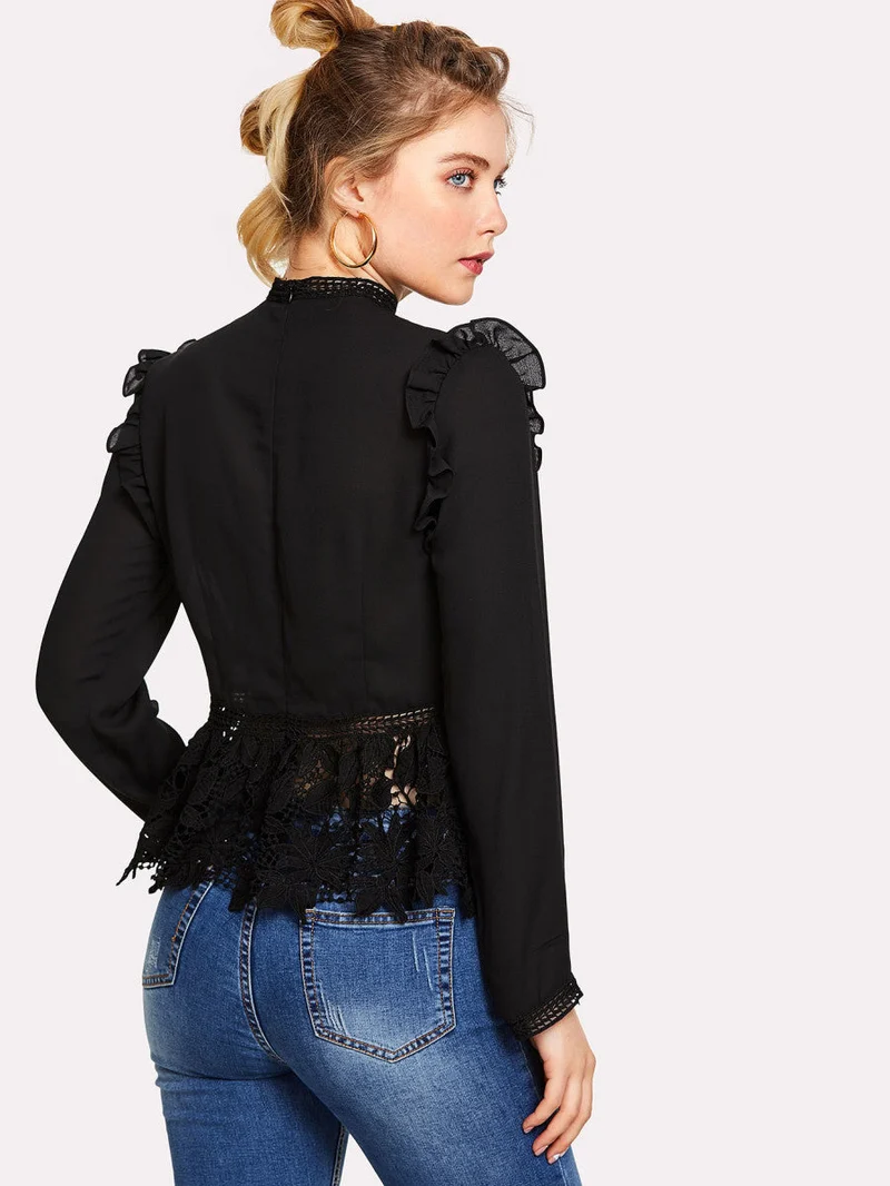 Frilled Shoulder Lace Insert Peplum Top