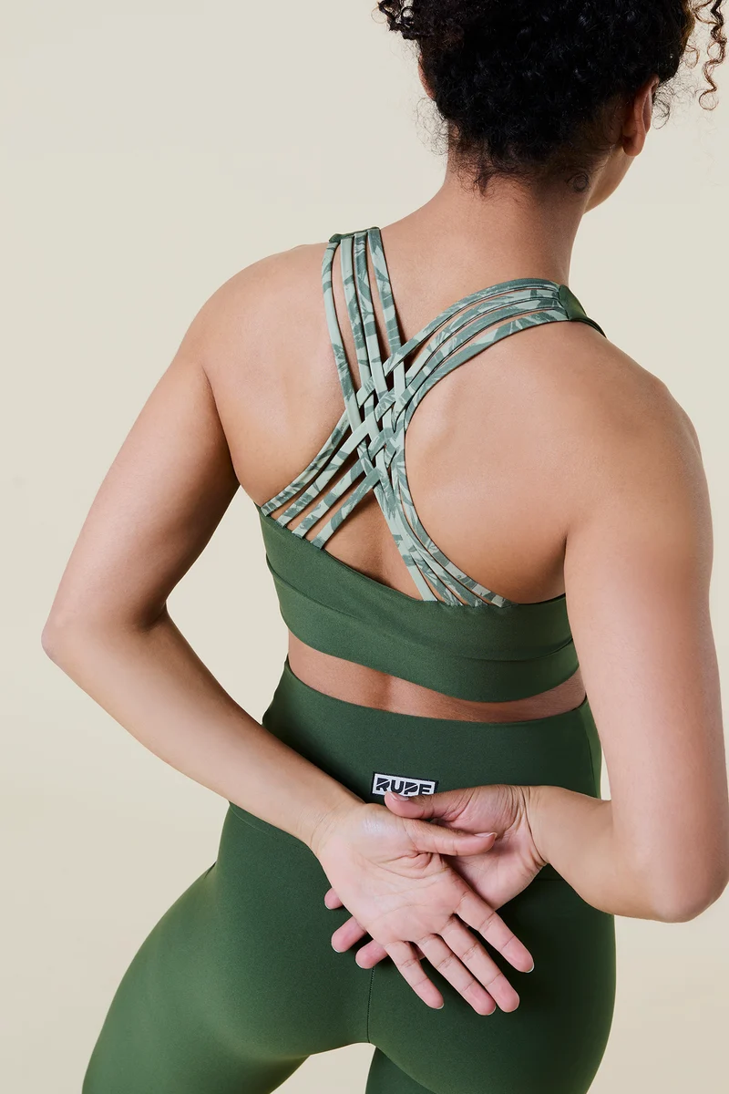 Brassière femme vert militaire en maille chaîne - Motif bambou