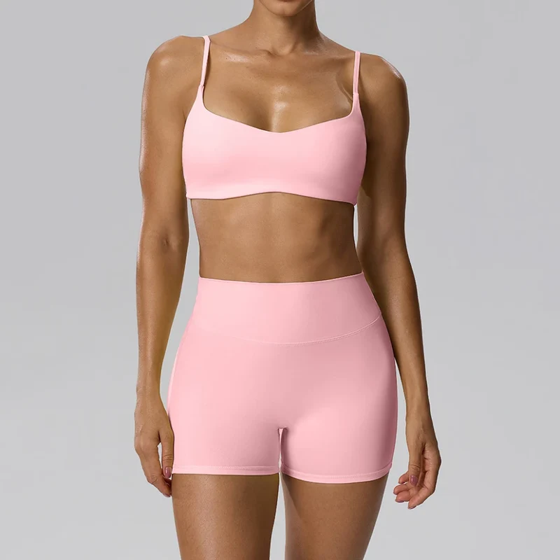 SPARK Women's Spaghetti Strap Bra Invisible Scrunch Shorts 2 Piece Set YEL202