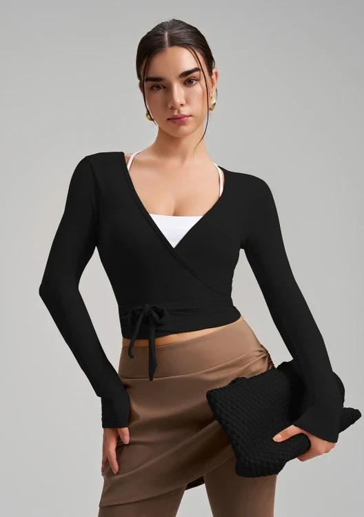 SPARK Chic Long Sleeve Wrap Tie Yoga Top RQ7418