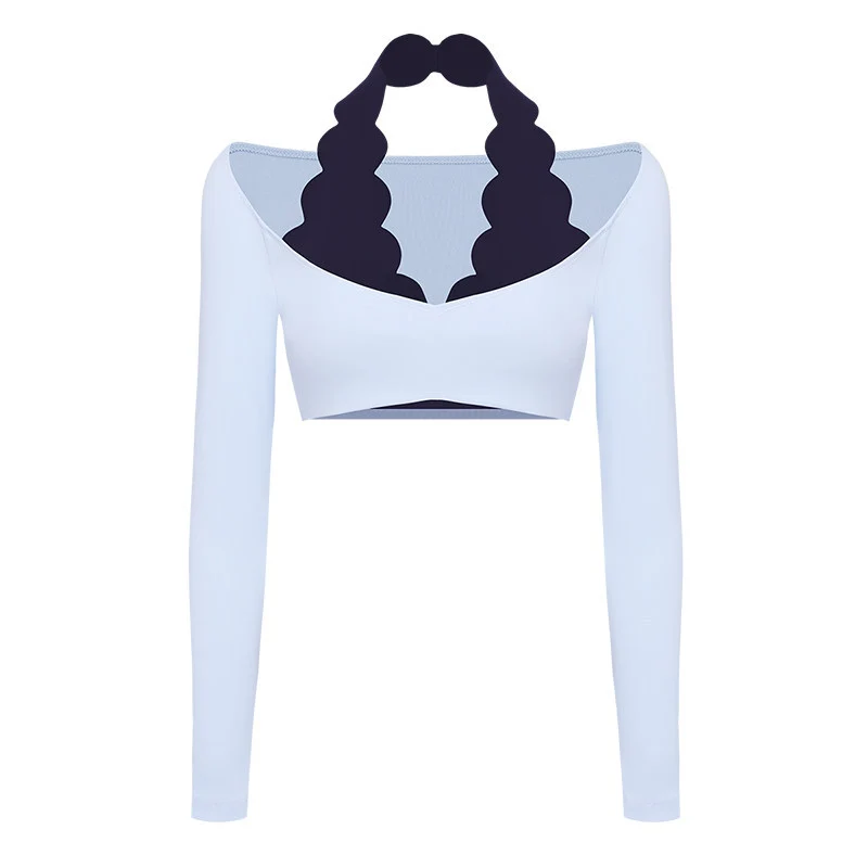 Spark Women's Brushed Lace Halter Neck Fake Two Piece Crop Top FNK8817
