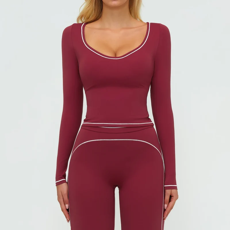 SPARK Contrast Color U Neck Slim Fit Yoga Long Sleeve Top ZC7028