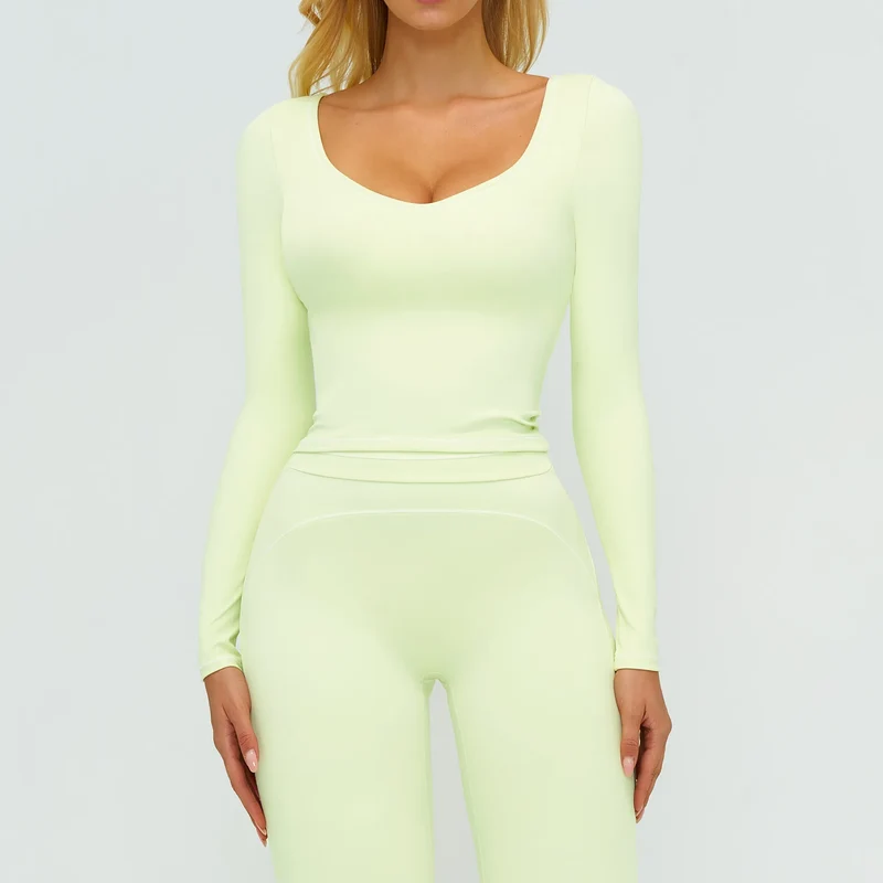 SPARK Contrast Color U Neck Slim Fit Yoga Long Sleeve Top ZC7028