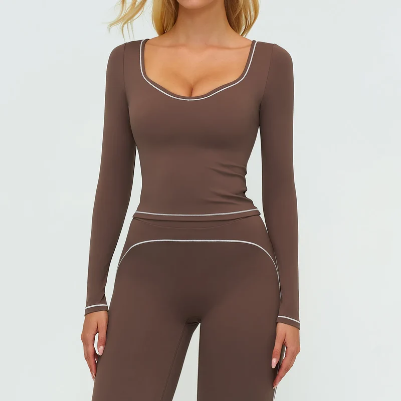 SPARK Contrast Color U Neck Slim Fit Yoga Long Sleeve Top ZC7028
