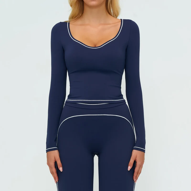 SPARK Contrast Color U Neck Slim Fit Yoga Long Sleeve Top ZC7028