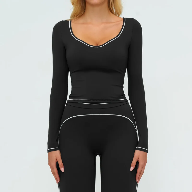 SPARK Contrast Color U Neck Slim Fit Yoga Long Sleeve Top ZC7028
