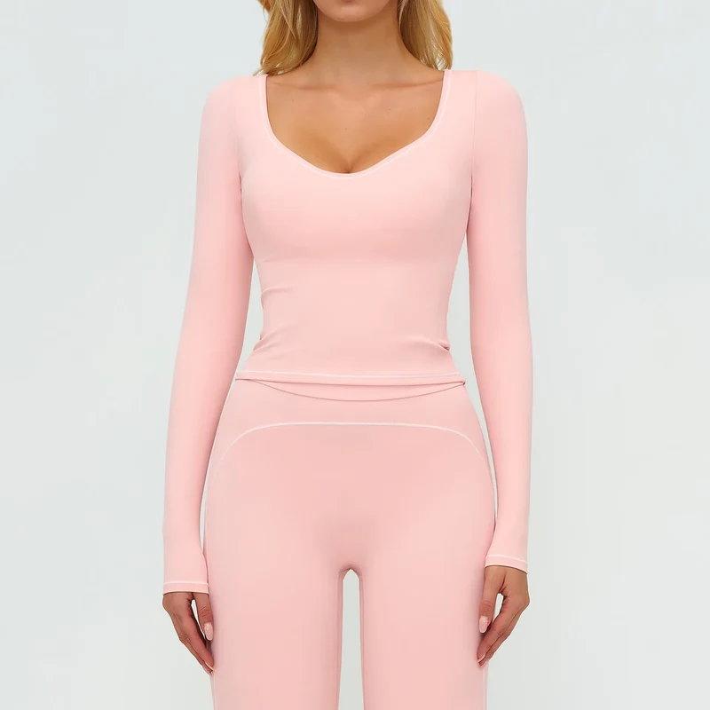SPARK Contrast Color U Neck Slim Fit Yoga Long Sleeve Top ZC7028