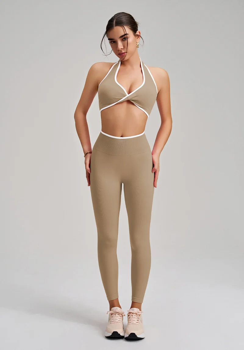 SPARK Seamless Twist Knot Halter Neck Bra&Leggings Yoga Two-piece Set RQ2493