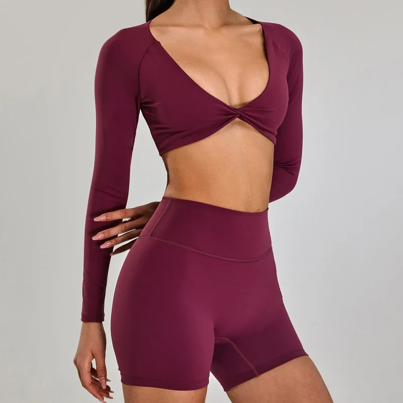 SPARK Twist Deep V Workout Cropped T Shirt Top YJ0223