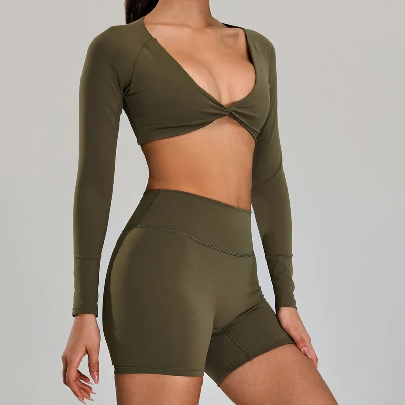 SPARK Twist Deep V Workout Cropped T Shirt Top YJ0223