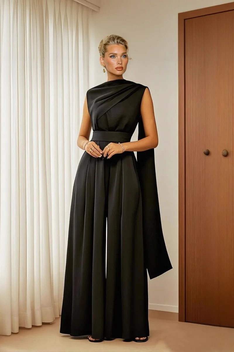 Exquisite Black Draped Pleated Loose Wide-Leg Jumpsuit