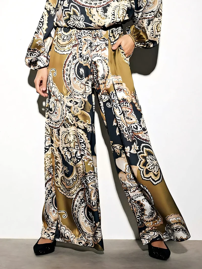 Exquisite Satin Paisley Print Elastic-Waist Wide-Leg Pants