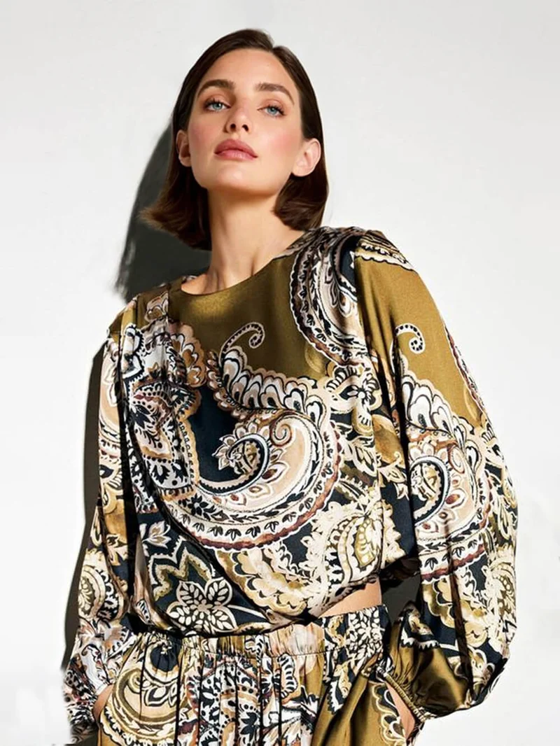 Exquisite Satin Paisley Print Elastic-Waist Wide-Leg Pants