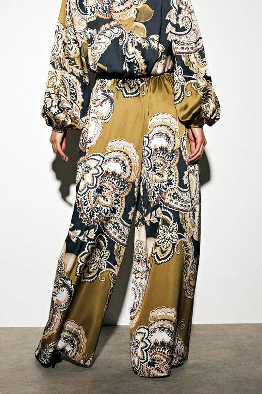 Exquisite Satin Paisley Print Elastic-Waist Wide-Leg Pants