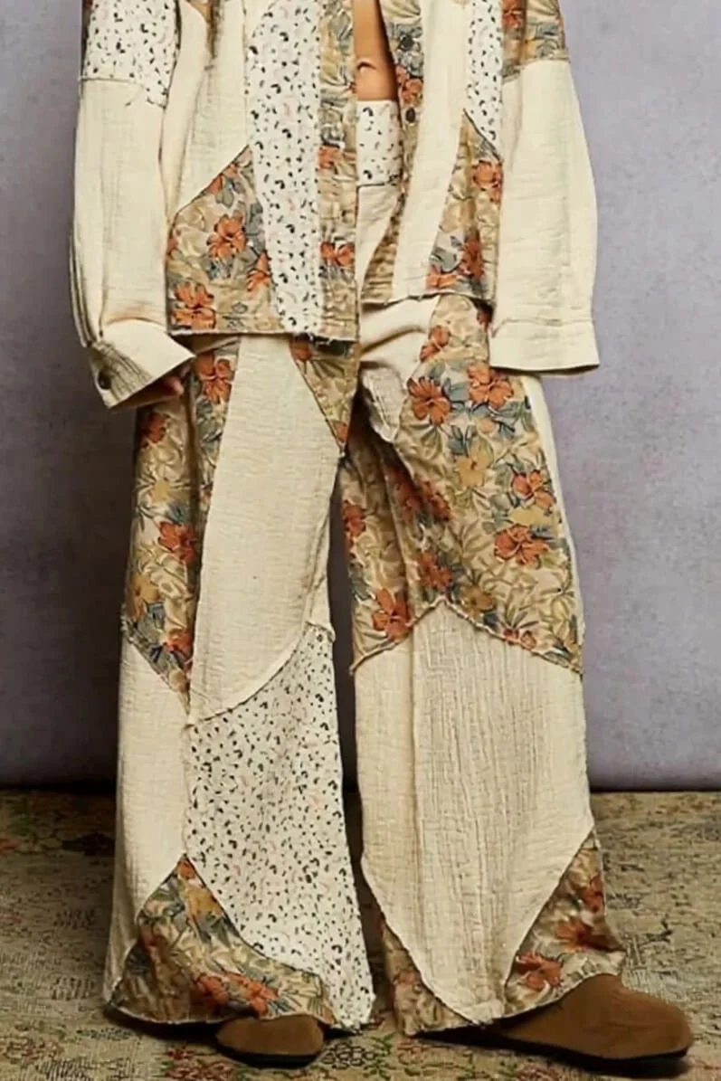 Bohemian Floral Print Patchwork Wide-Leg Pants
