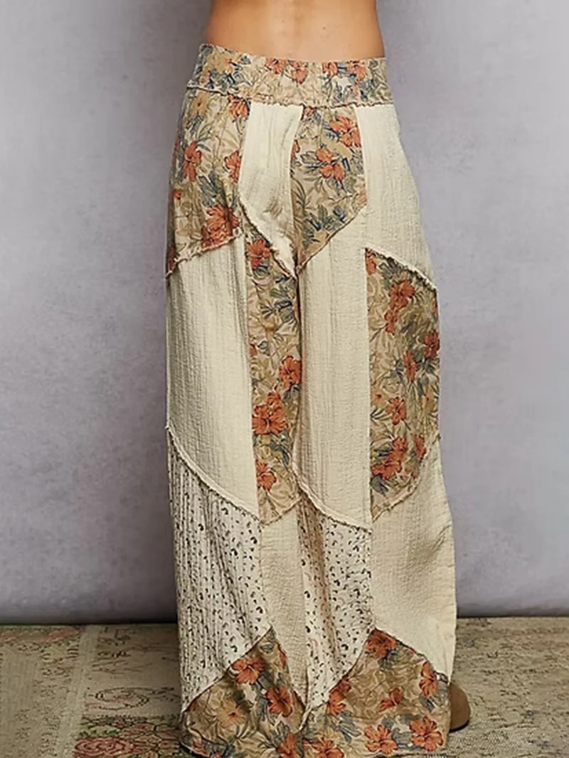 Bohemian Floral Print Patchwork Wide-Leg Pants