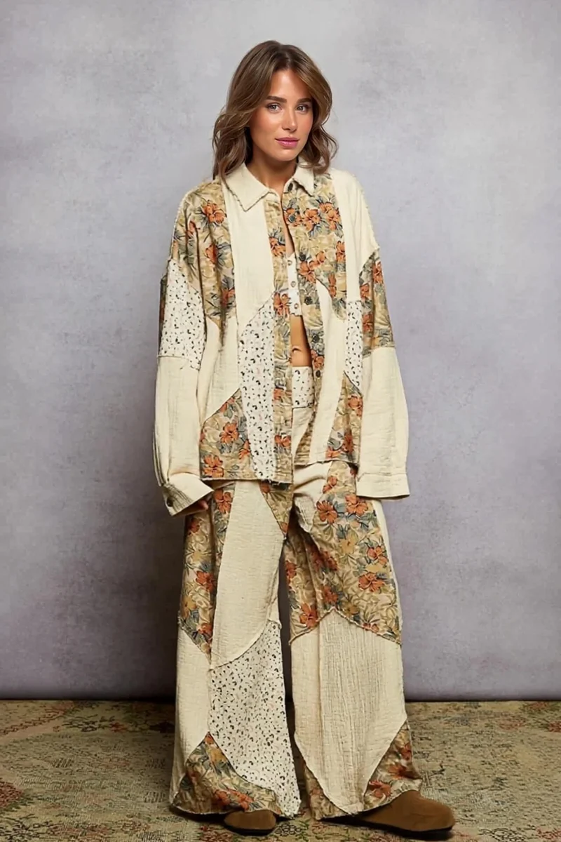 Bohemian Floral Patchwork Loose Button-Down Top