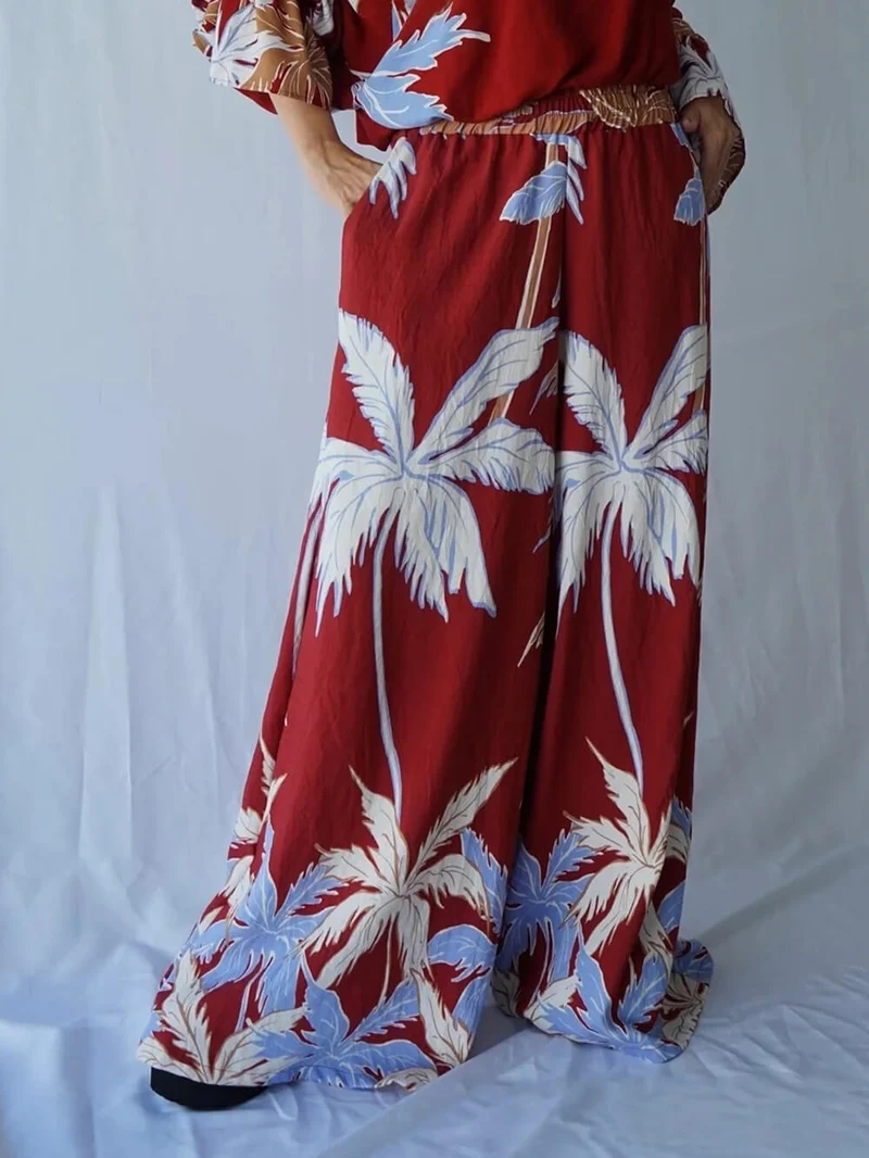 Fashion Casual Tropical Palm Tree Print Elastic Waist Wide-Leg Pants