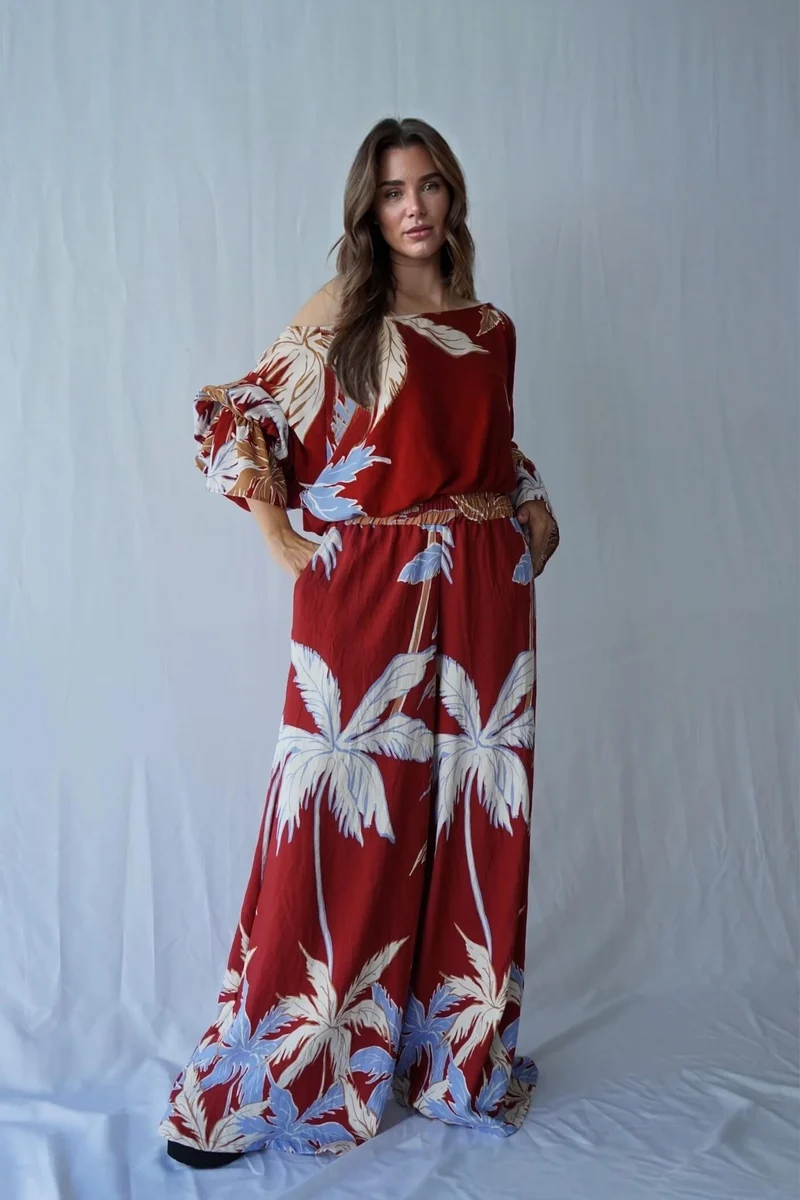 Fashion Casual Tropical Palm Tree Print Elastic Waist Wide-Leg Pants
