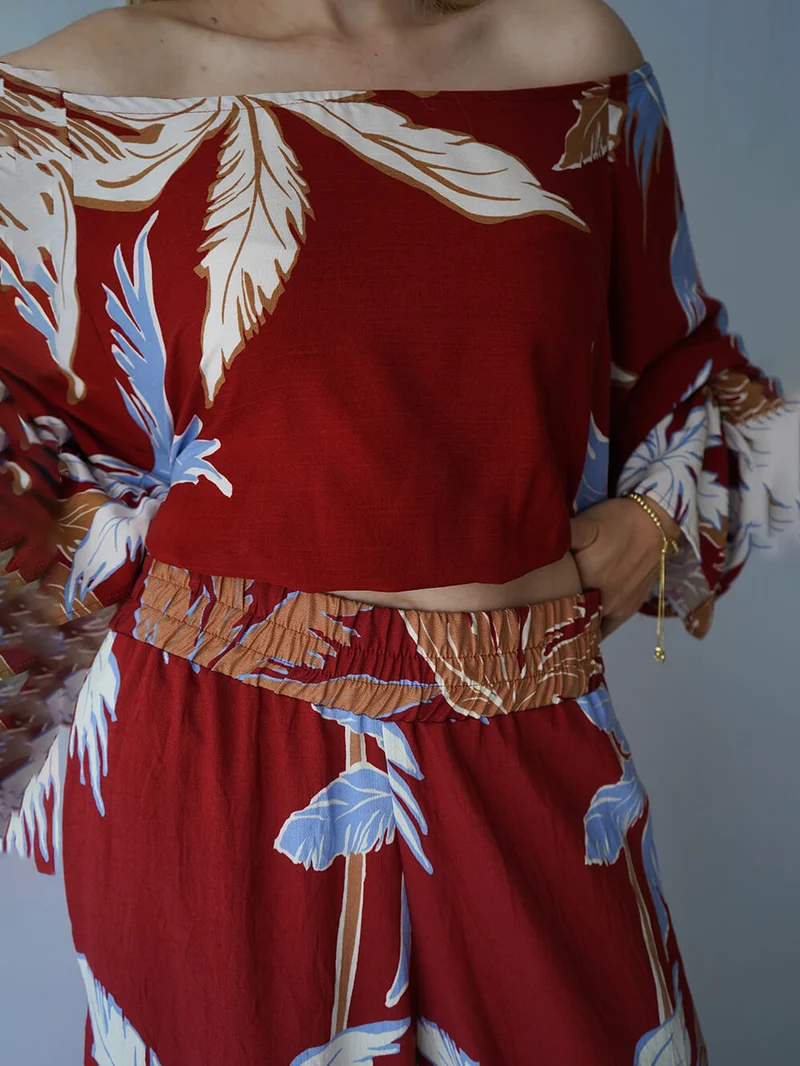 Fashion Casual Tropical Palm Tree Print Elastic Waist Wide-Leg Pants