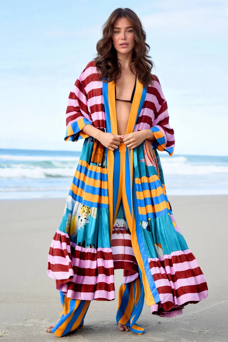 Unique Fashion Striped Print Elastic-Waist Wide-Leg Pants