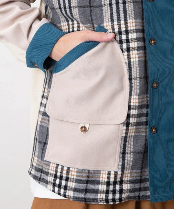 Chemise patchwork à carreaux en velours côtelé