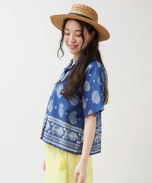 Chemise courte imprimée à la planche indigo