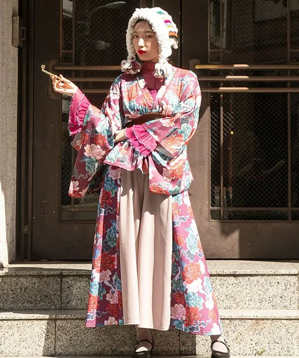 Haut cache-cœur kimono à motif grue pivoine