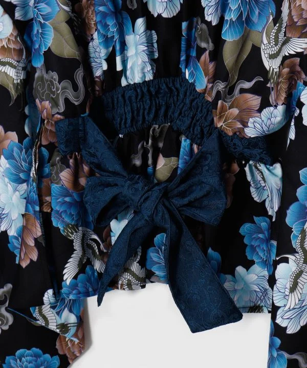 Haut cache-cœur kimono à motif grue pivoine