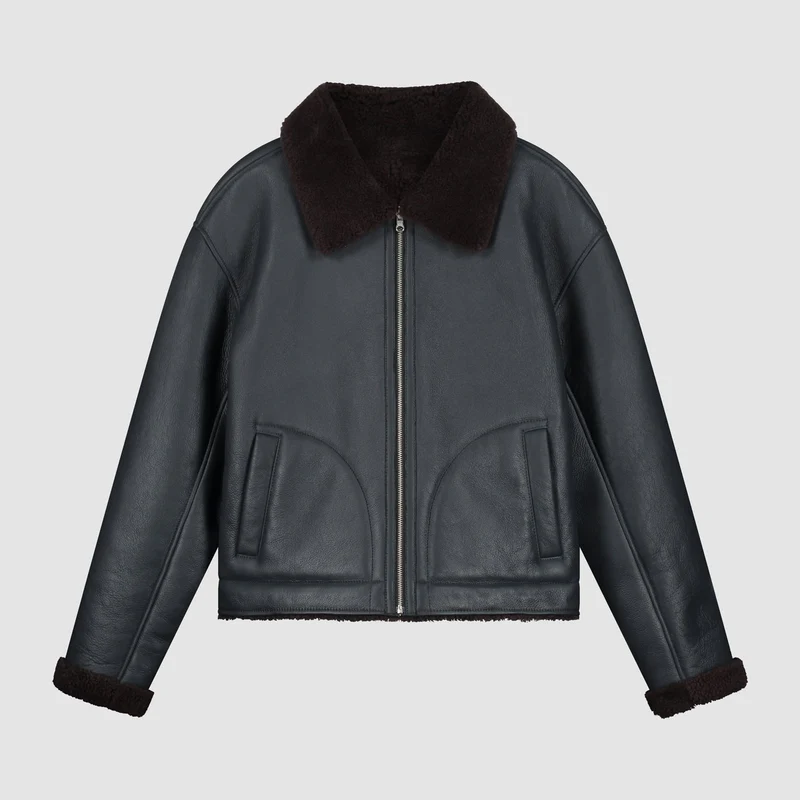 Veste en cuir shearling - Bleu marine