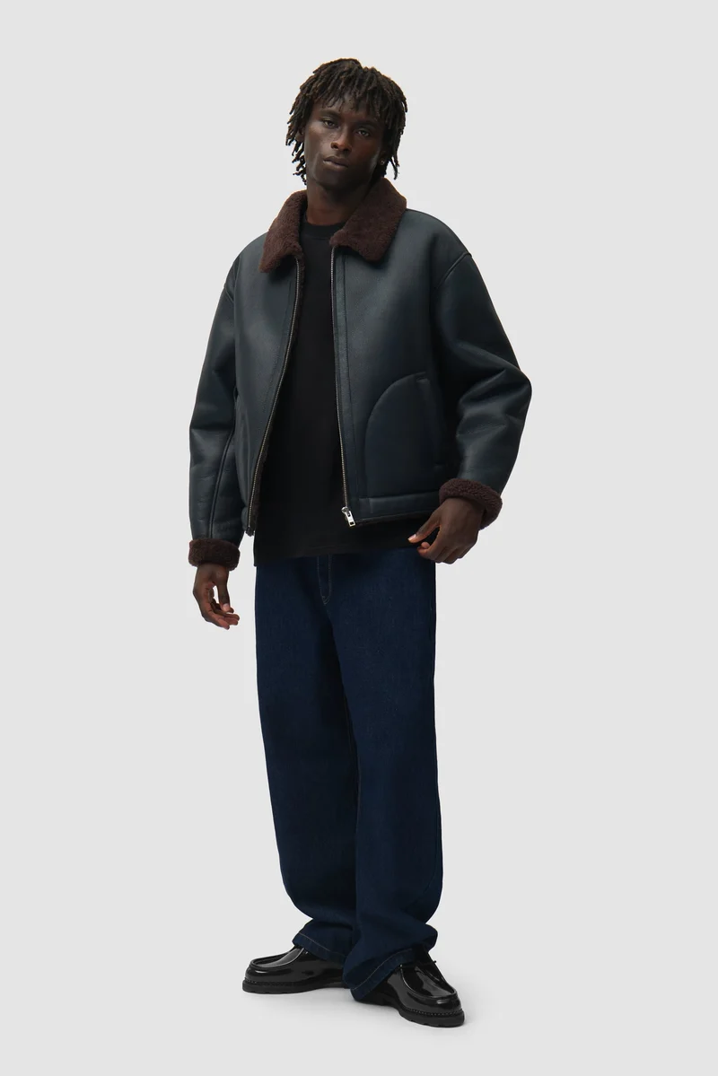 Veste en cuir shearling - Bleu marine