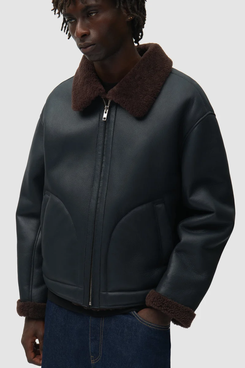 Veste en cuir shearling - Bleu marine
