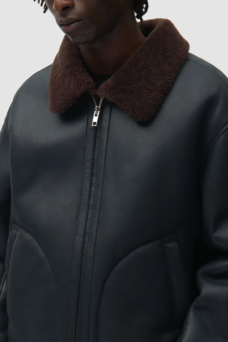 Veste en cuir shearling - Bleu marine